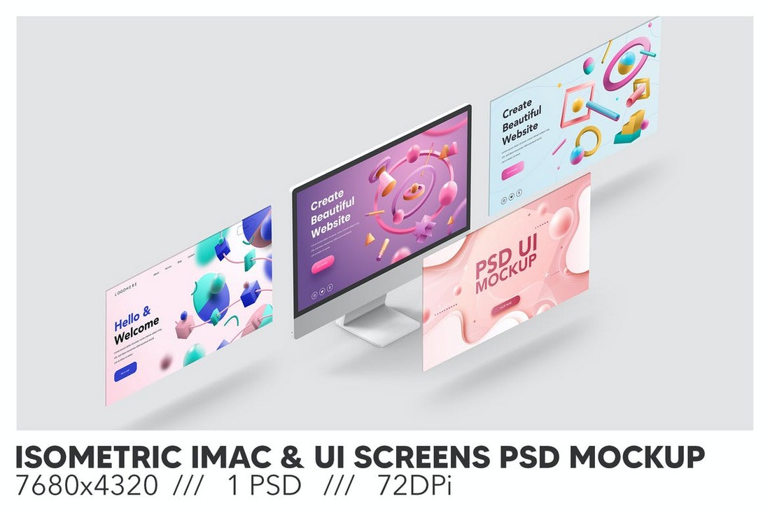 Isometric iMac & Website Screens PSD Mockup